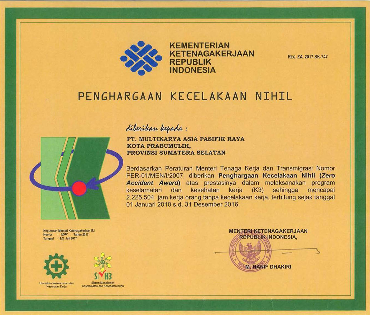Penghargaan Kecelakaan Nihil (Kemenakertrans Prabumulih, Sumatra Selatan)