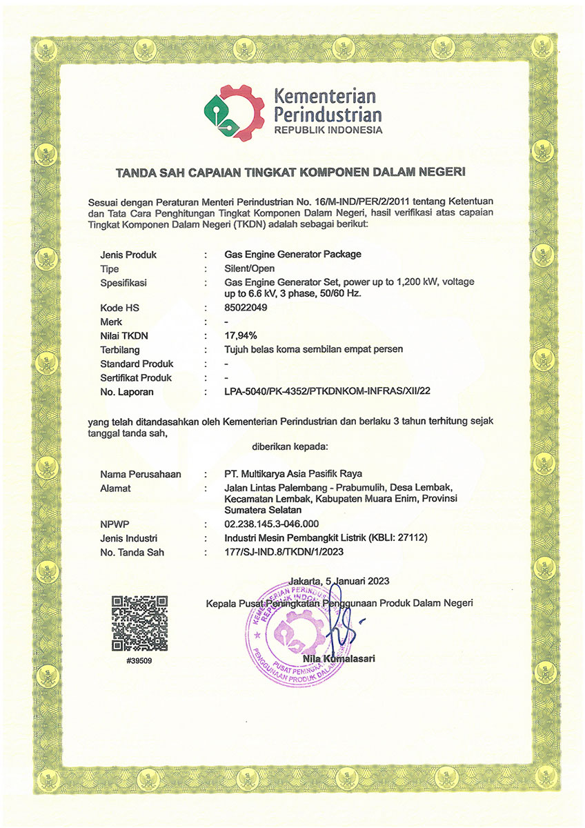 Perizinan MKAPR TKDN Gas Genset Package